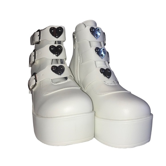LUCKY STEP Women Platform Chunky Sole Ankle Boots White Goth Booties Size 7.5 - Picture 2 of 12